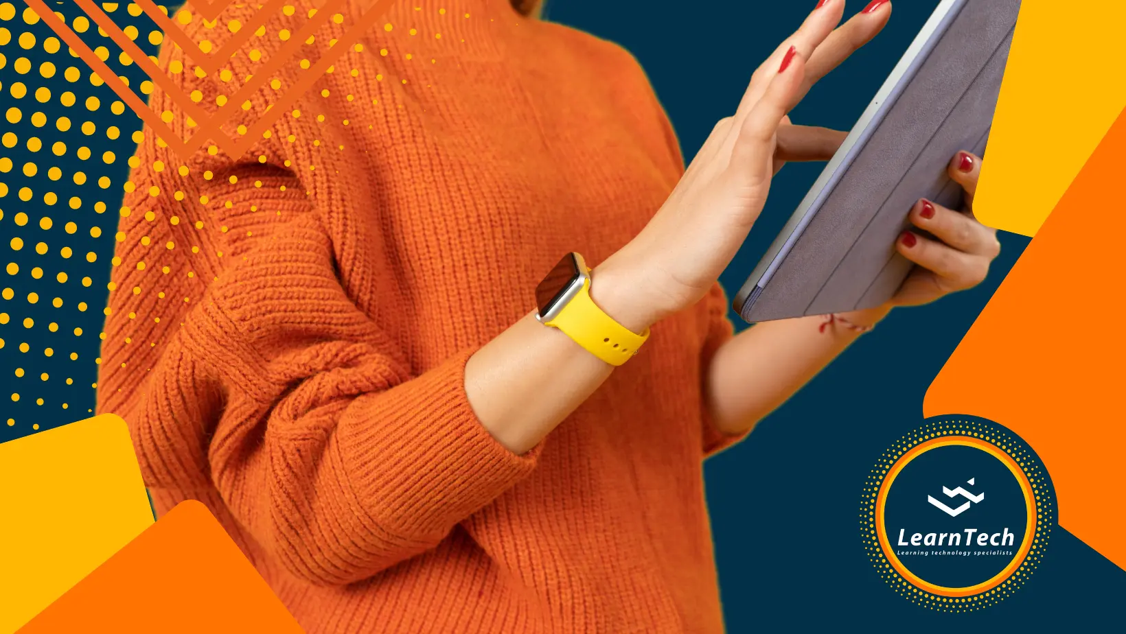 Image of woman with orange jersey working on a tablet.